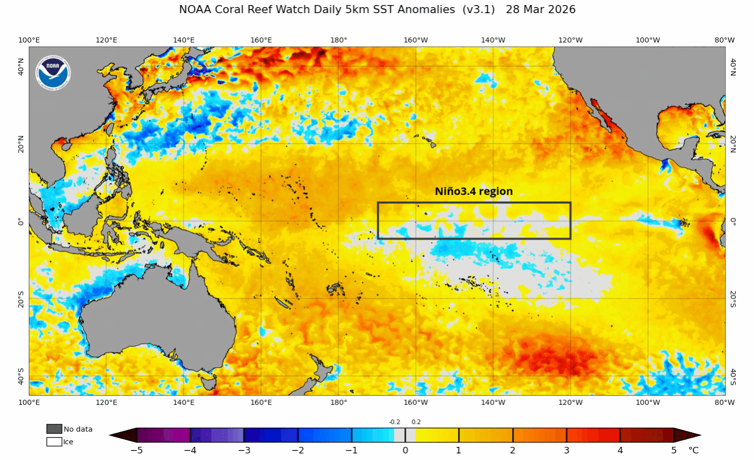Daily sea surface temperature anomalies in the tropical Pacific Ocean during the last 30 days, with the Niño3.4 region highlighted. Source: NOAA, annotated by Weatherzone.