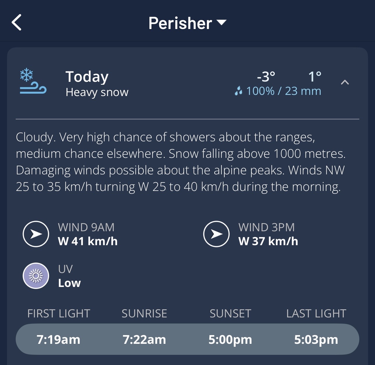 Daily forecast for Perisher on the Weatherzone app
