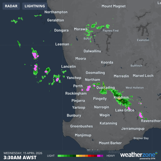Four-hour radar loop showing showers and storms approaching Perth early in the hours of Wednesday, April 15, 2026. Source: Weatherzone