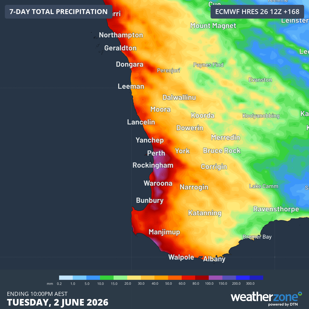 Predicted accumulated rainfall totals for southwest WA for the seven days to Tuesday, June 2, 2026, according to the ECMWF model. Source: Weatherzone
