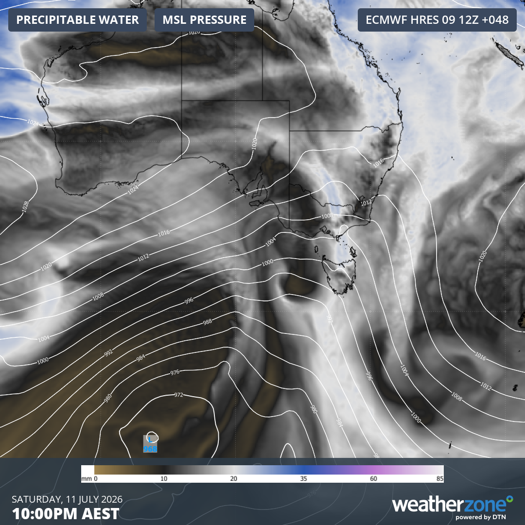 Precipitable water and mean sea level pressure over southern Australia and the Southern Ocean at 10 pm (AEST) on Saturday, July 11, 2026, according to the ECMWF model. Source: Weatherzone