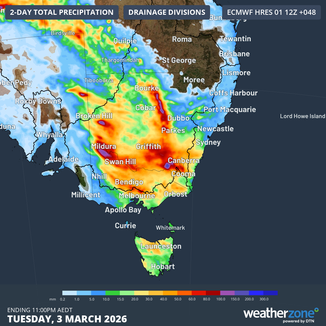 Predicted rainfall accumulation to 11pm on Tuesday, March 2, 2026, according to the ECMWF model. The Murray-Darling Basin (where rain that falls ends up in the Murray or Darling Rivers) is located within the black line. Source: Weatherzone.
