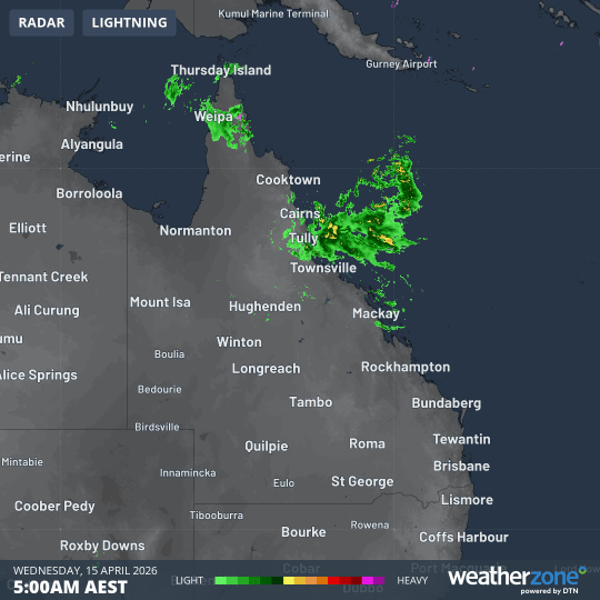 Eight-hour radar loop for Queensland up to 1pm (AEST) on Wednesday, April 15, 2026. Source: Weatherzone