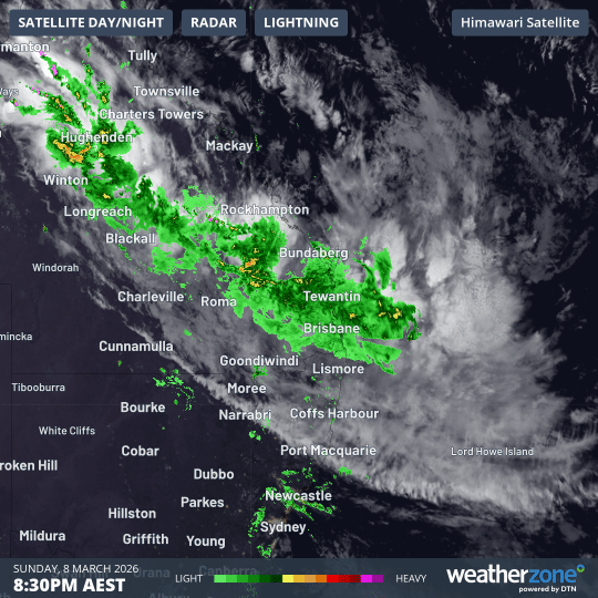 12-hour radar and satellite loop to 8:30am (AEST) on March 9, 2026. Source: Weatherzone.