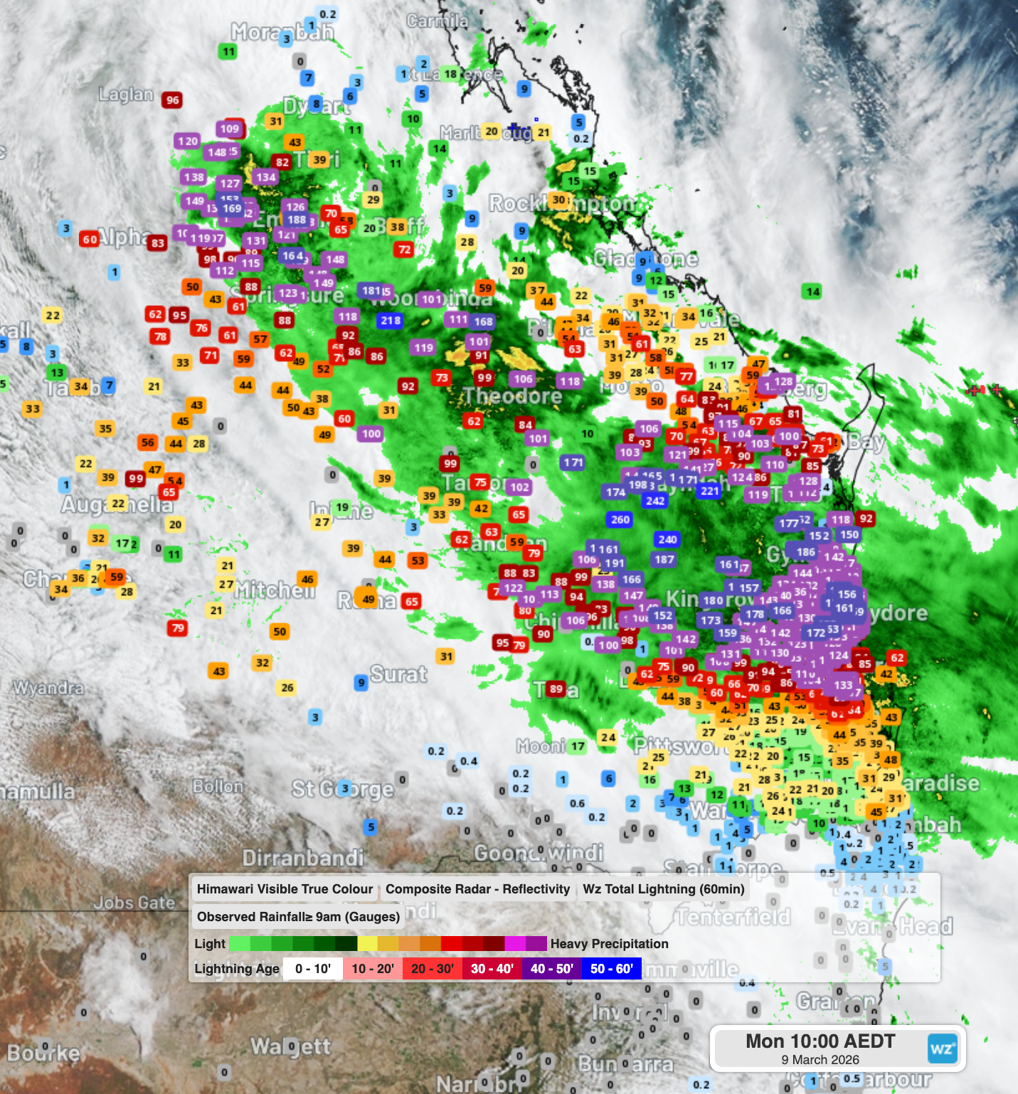 Rainfall totals for parts of central and SE Queensland in the 24 hours to 9am (AEST) on March 9, 2026. Source: Weatherzone.