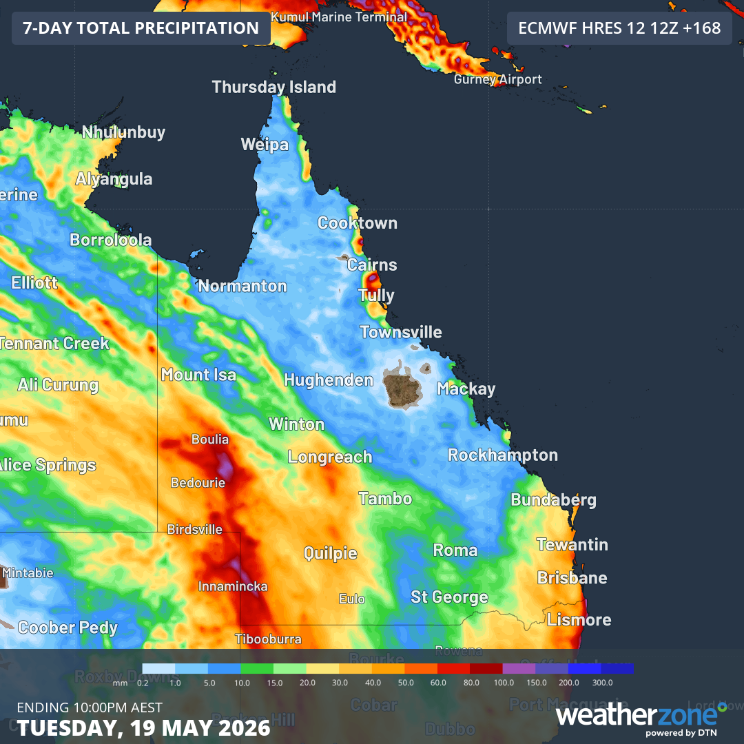 Predicted rainfall accumulation across Queensland by 10pm (AEST) next Tuesday, May 19, 2026, according to the ECMWF model. Source: Weatherzone