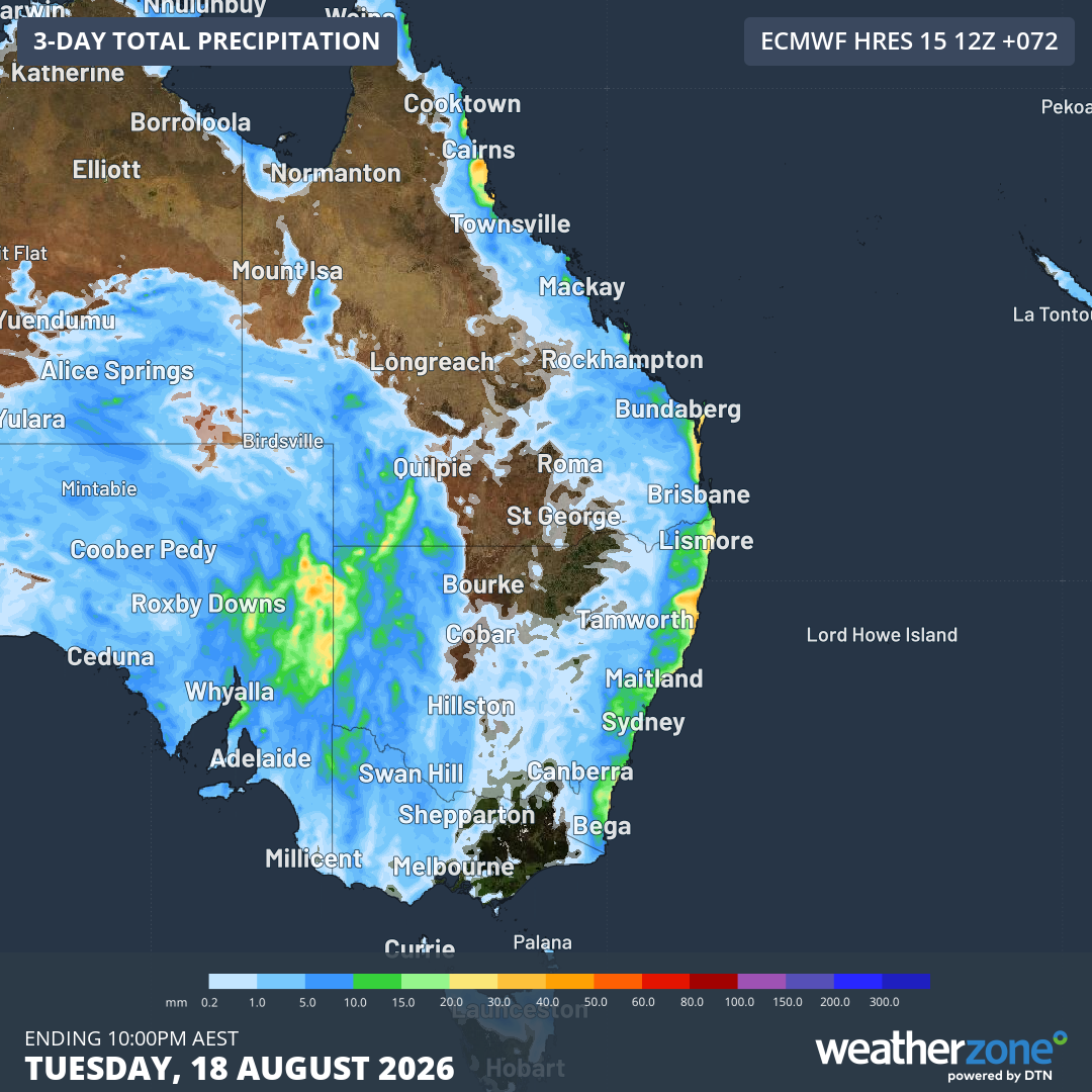 forecast rainfall accumulations to 10pm AEST on Tuesday, August 18, 2026. Source: Weatherzone.