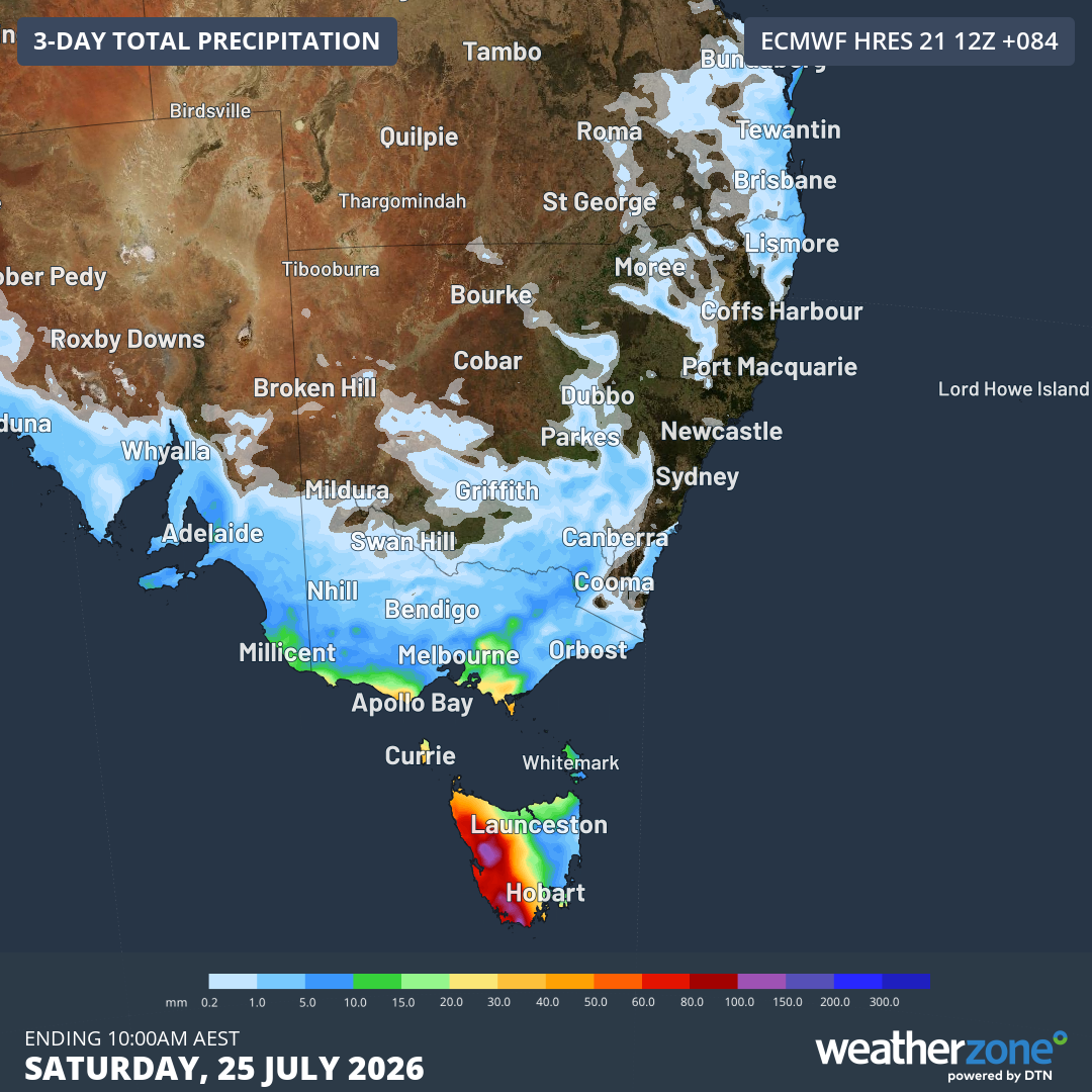 Accumulated precipitation to 10 am on Saturday, July 25, 2026 across SE Australia, according to the ECMWF model. Source: Weatherzone.