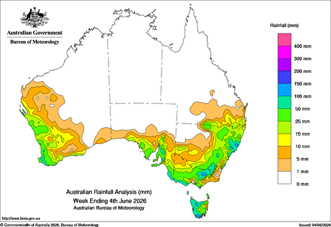 Rainfall across Australia in the week to Thursday, June 4, 2026, illustrating how the southeast and southwest of the continent received significant rainfall of a magnitude which will be absent this weekend. Source: BoM