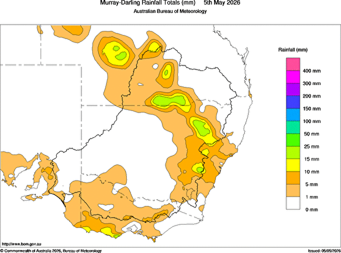 Rainfall totals across Murray–Darling Basin in the 24 hours to 9am on Tuesday, May 5, 2026. Source: BoM