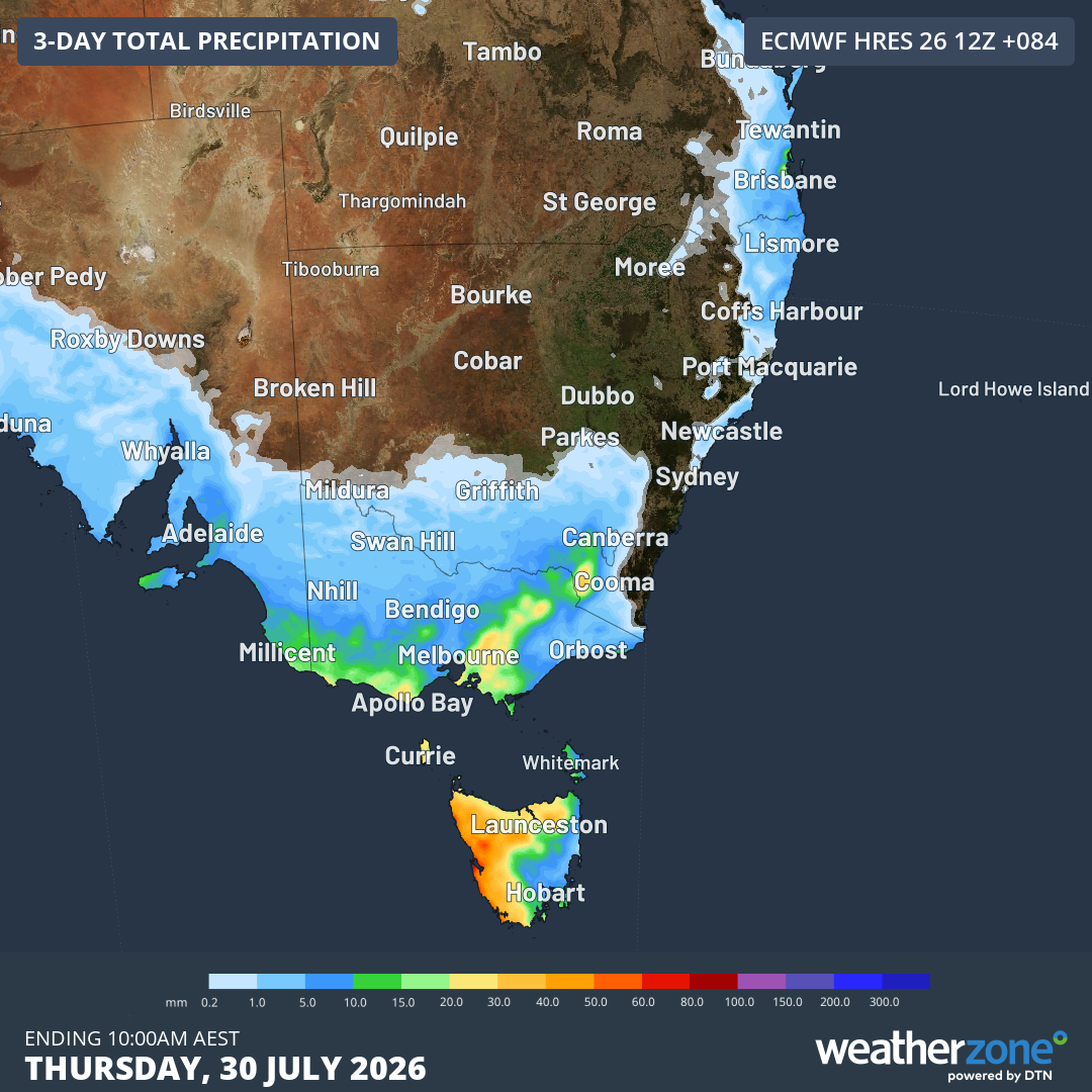 Accumulated rainfall forecast for SE Australia up until 10 am on Thursday, July 20, 2027, according to the ECMWF model. Source: Weatherzone