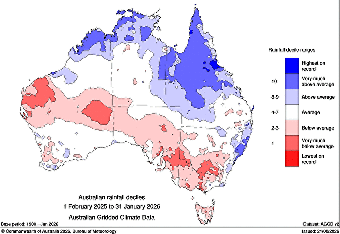 Australian rainfall deciles in the 12 months to the end of January 2026. Source: BoM.