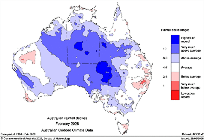 Australian rainfall deciles for February 2026, illustrating how many outback areas had their wettest February on record, or close to it. Source: BoM.