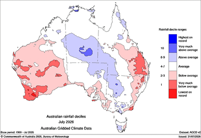 Rainfall deciles across Australia in July 2026. Source: BoM.