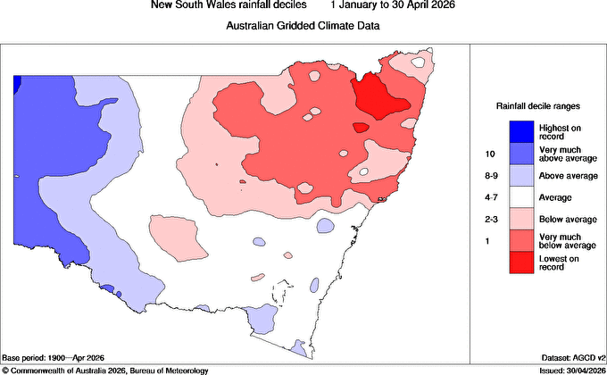 Rainfall deciles for NSW from January to April, 2026. Source: BoM
