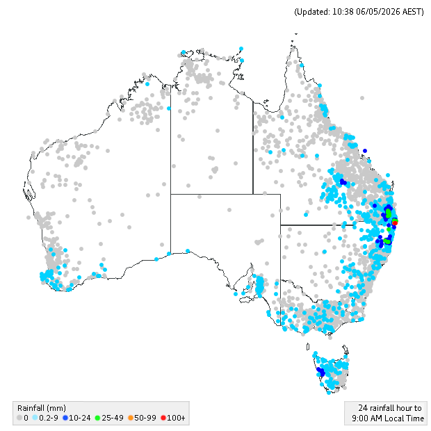 24-hour rainfall to 9am local time across Australia for Wednesday, May 6, 2026. Source: BoM