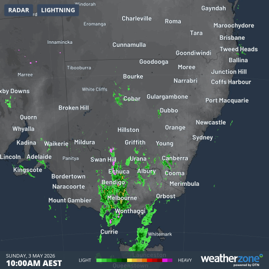 Rain radar across SE Australia in the 12 hours to 10pm on Sunday, May 3, 2026. Source: Weatherzone