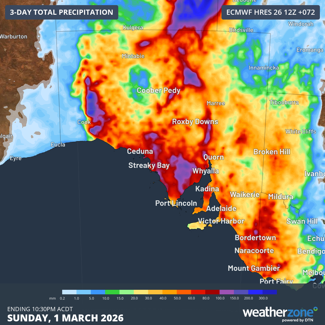 Predicted South Australia rainfall accumulation up until 10:3pm (ACDT) on Sunday, March 1, 2026, according to the EC model. Source: Weatherzone.