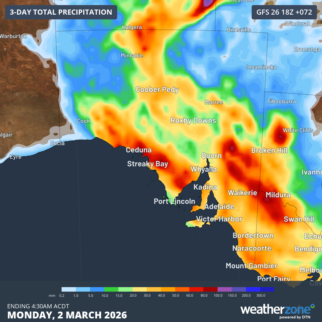 Predicted South Australia rainfall accumulation up until 4:30am (ACDT) on Monday, March 2, 2026, according to the GFS model. Source: Weatherzone.