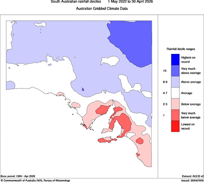 SA rainfall deciles in the four years to the end of April, 2026, with the red areas indicating below-average rainfall. Source: BoM