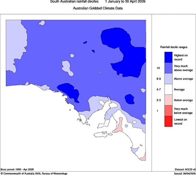 SA rainfall deciles from January to the end of April, 2026, with pale red areas indicating below-average rainfall. Source: BoM