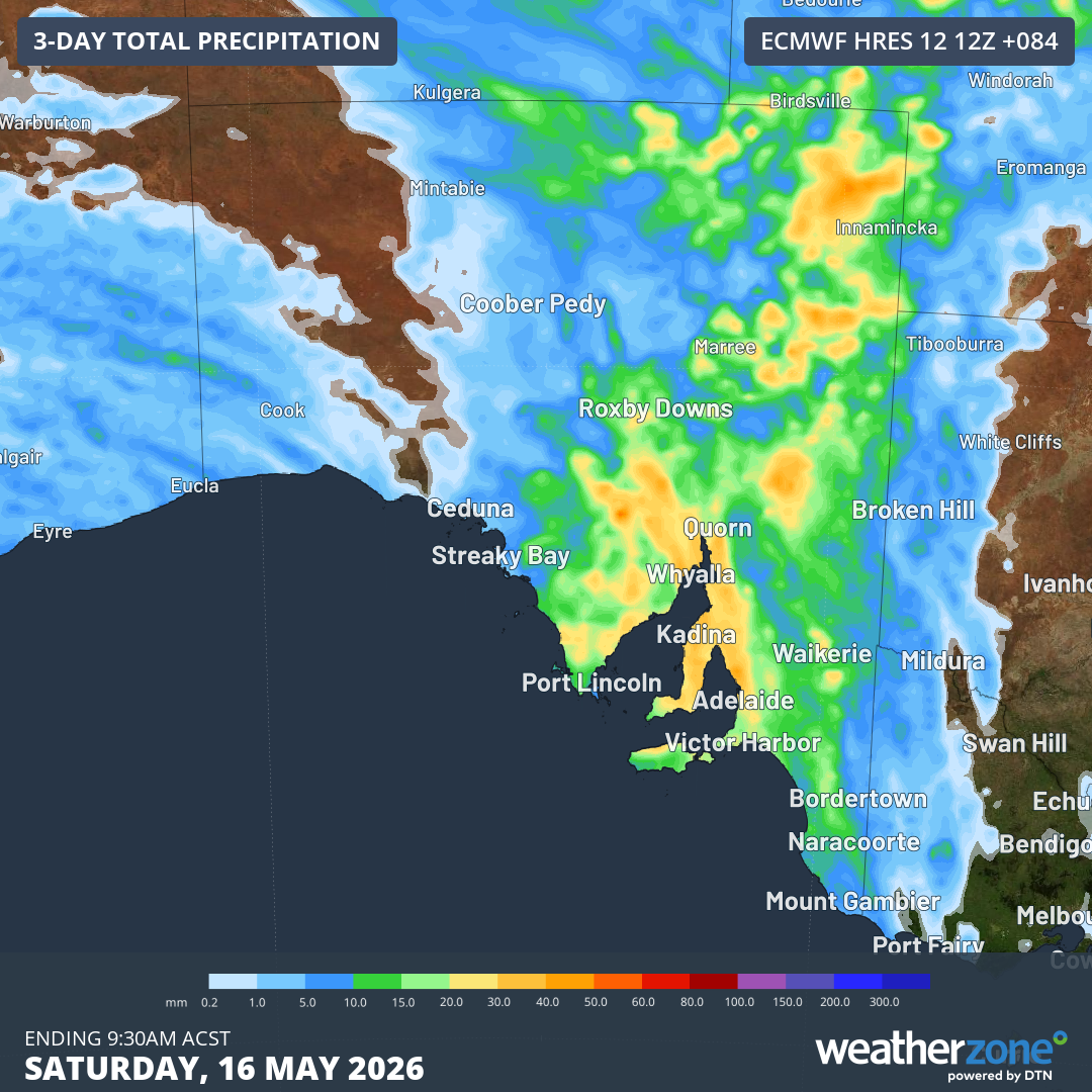 Predicted rainfall accumulation across South Australia by 9:30am (ACST) by this coming Saturday, May 16, 2026, according to the ECMWF model. Source: Weatherzone