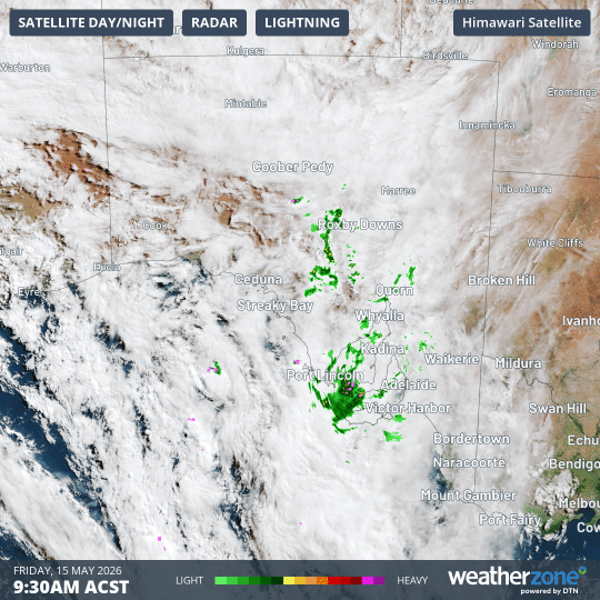 Combined radar and satellite loop in South Australia for the six hours to 3:30pm (ACST) on Friday, May 15, 2026. Source: Weatherzone