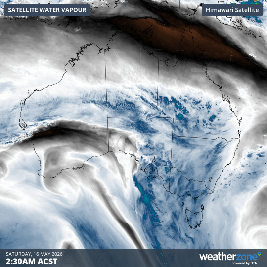 Water vapour over Australia showing the moisture feed over South Australia on the morning of Saturday, May 16, 2026. Source: Weatherzone