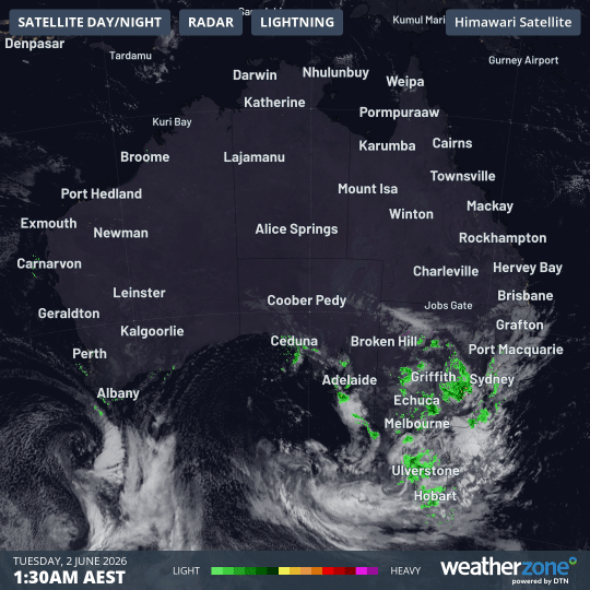 Satellite and radar loop for the eight hours to 9:30am (AEST) on Tuesday, June 2, 2026. Source: Weatherzone