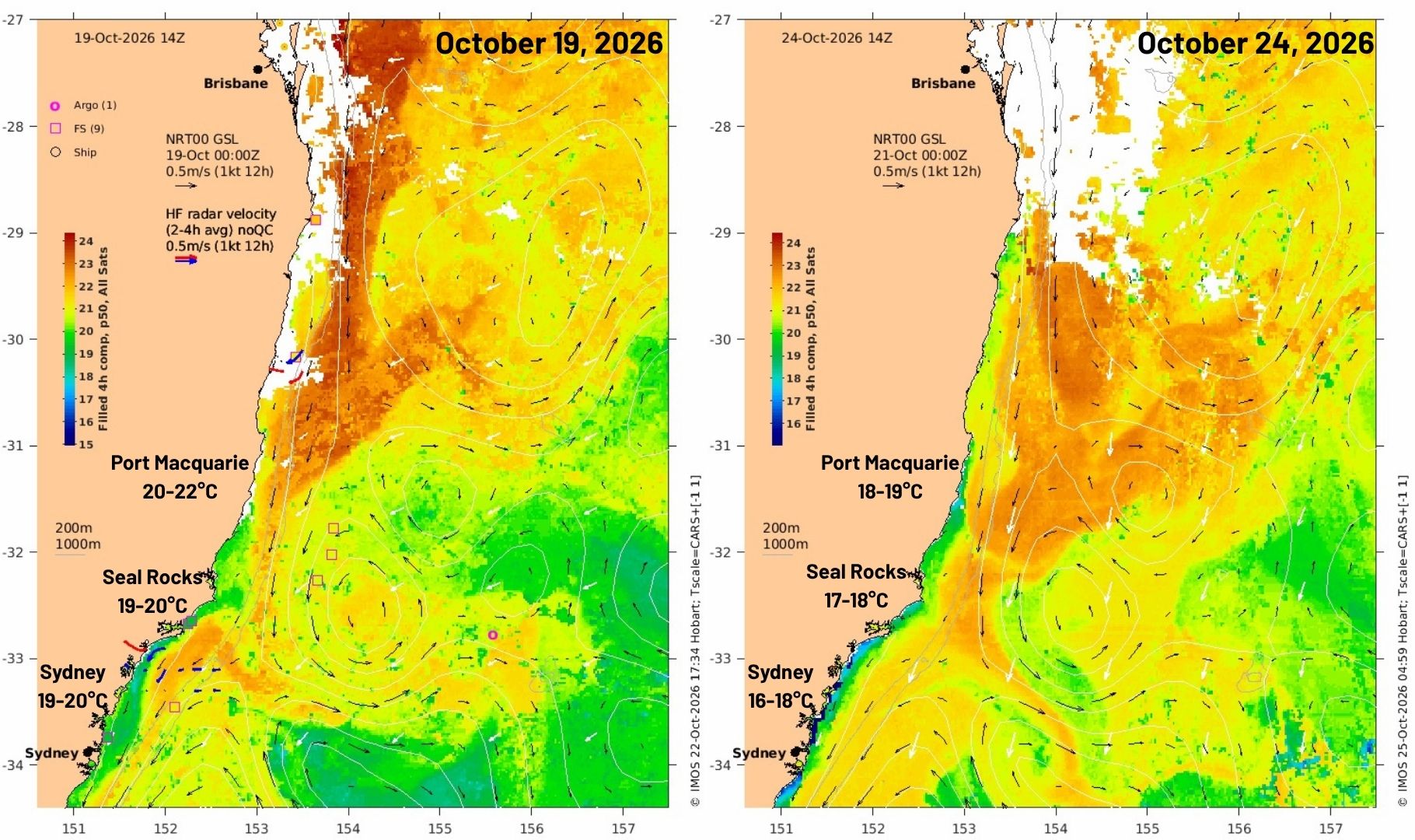 Sea Surface Temperature (SST) between Sydney and Brisbane compared between Monday, October 19, 2026 (left) and Saturday, October 24, 2026 (right), with regional estimates for Sydney, Seal Rocks and Port Macquarie. Source: OceanCurrent/IMOS