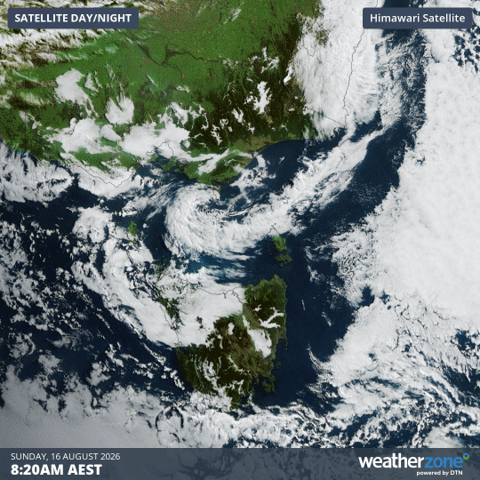 Satellite imagery on Sunday, August 16, 2026 showing morning fog across parts of Tasmania and Victoria dissipating. Source: Weatherzone.