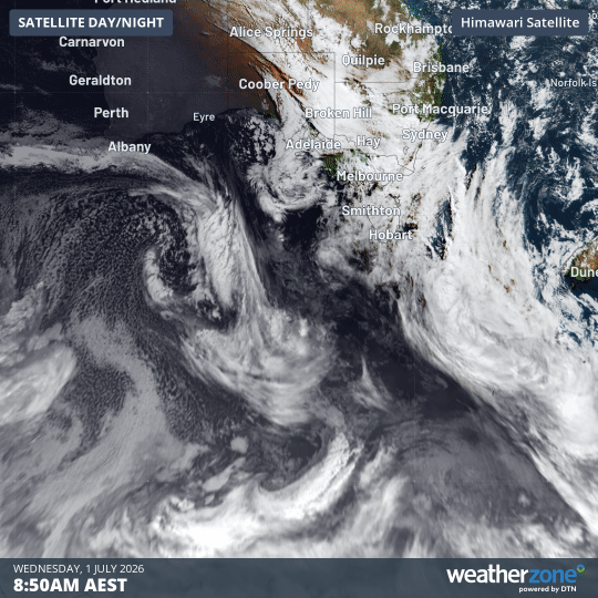 Three-hour satellite loop on the morning of Wednesday, July 1, 2026, showing a frigid polar airmass (the speckled cloud) over waters south of Western Australia. It will track towards SE Australia. Source: Weatherzone.