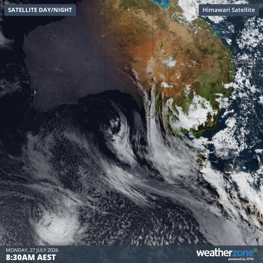 Satellite loop for the two hours to 10:30 am (AEST) on Monday, July 27, 2026. Source: Weatherzone.