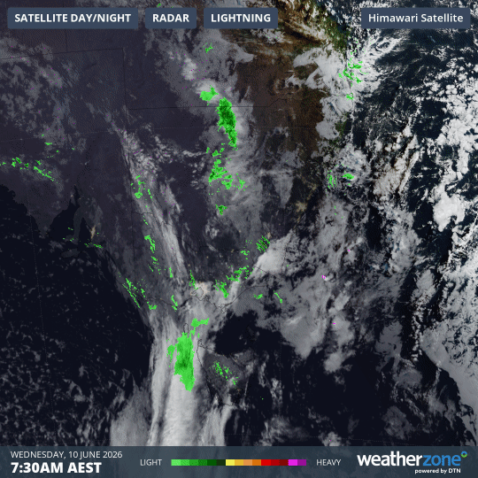 Combined satellite and radar loop for the four hours to 11:30am (AEST) on Wednesday, June 10, 2026. Source: Weatherzone