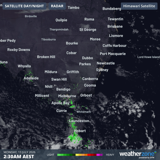 Combined satellite and radar loop for SE Australia for the eight hours to 10:30 am (AEST) on Monday, July 13, 2026. Source: Weatherzone.