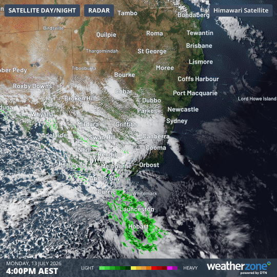 12-hour satellite and radar loop over Tasmania and nearby mainland areas to 4 am on Tuesday, July 14, 2026. Source: Weatherzone.