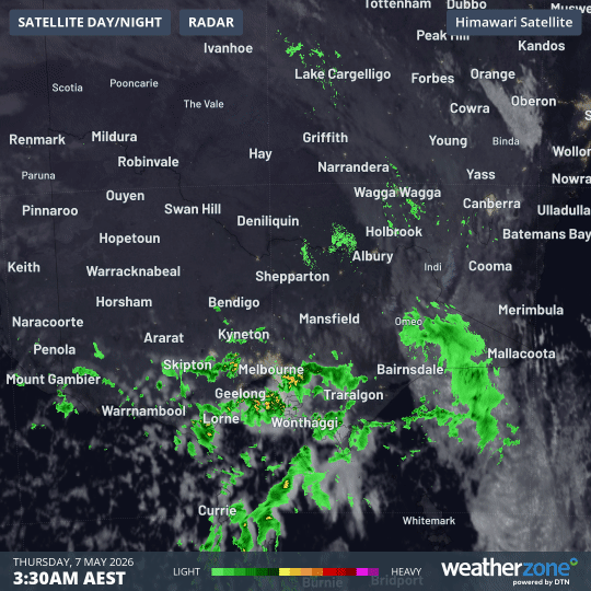 Combined satellite and radar loop for Victoria and nearby areas for the six hours to 9:30am on Thursday, May 7, 2026. Source: Weatherzone