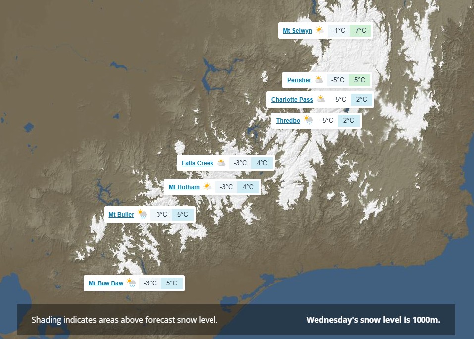The elevation and locations where at least some snowfalls are possible across the SE Australia alpine region on Wednesday, July 29, 2026. Source: Weatherzone.