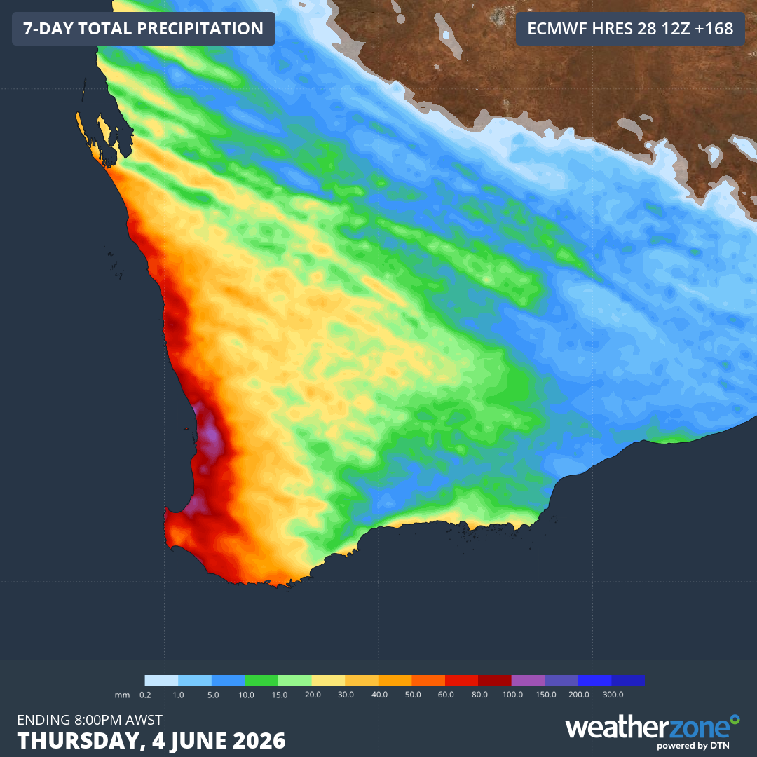 Predicted rainfall accumulation in southwest WA to next Thursday, June 4, 2026, according to the ECMWF model. Source: Weatherzone