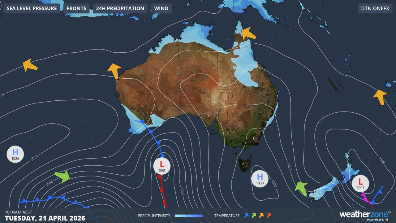 Synoptic chart for Australia at 10am on Tuesday, April 21, 2026. Source: Weatherzone