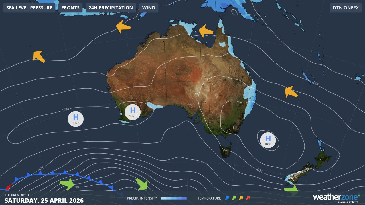 Forecast synoptic chart for Anzac Day this Saturday, April 25, 2026, showing a broad area of high pressure dominating Australia’s weather. Source: Weatherzone.