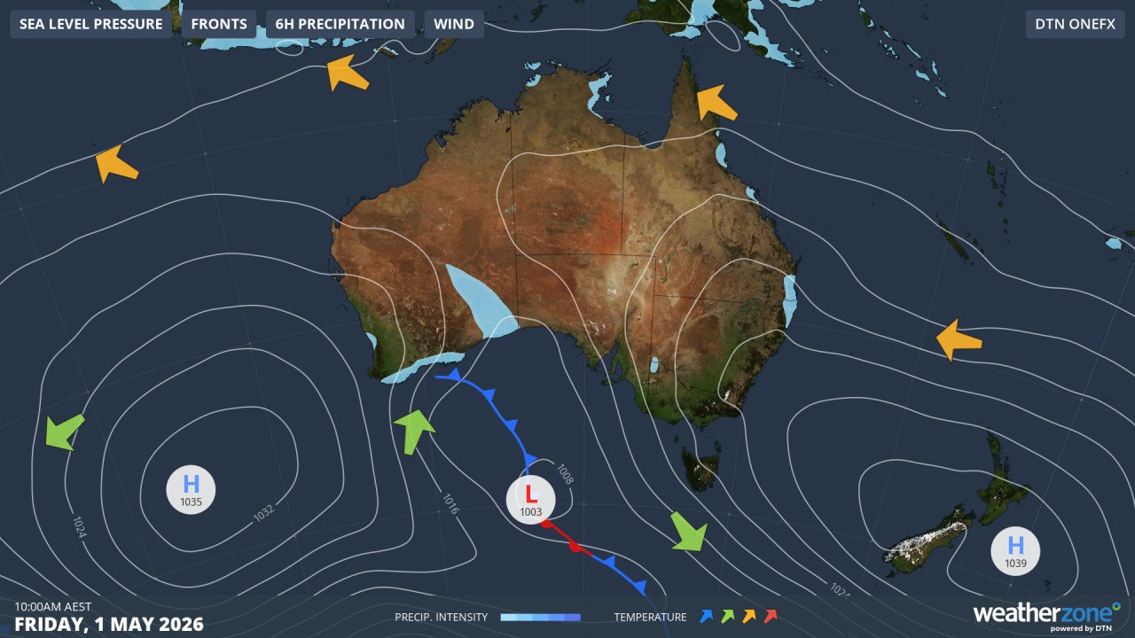 Synoptic chart for Friday, May 1, 2026, showing air circulating anti-clockwise around the large high pressure system centred over waters east of New Zealand. Source: Weatherzone