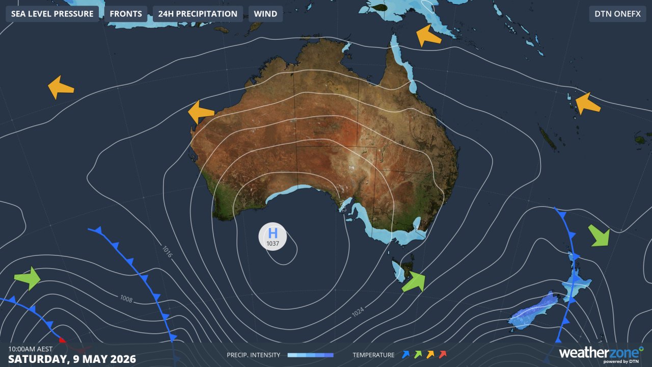 Synoptic chart for Saturday, May 9, 2026, showing the strong high pressure system dominating Australia’s weekend weather. Source: Weatherzone