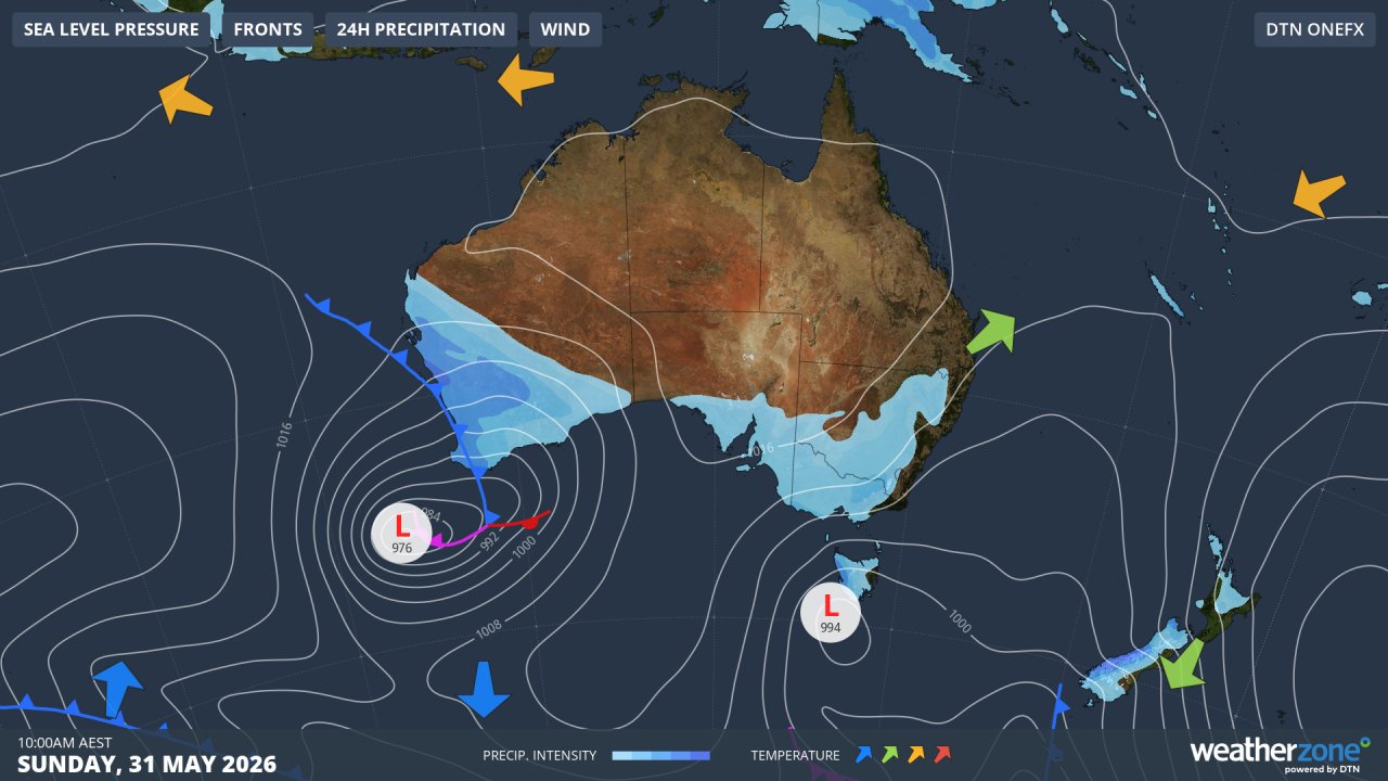 Synoptic chart for Sunday, May 31, 2026, showing the low pressure system and associated cold front approaching southwest WA with isobars packed closely together (indicating strong winds) over a relatively widespread area around the low. Source: Weatherzone