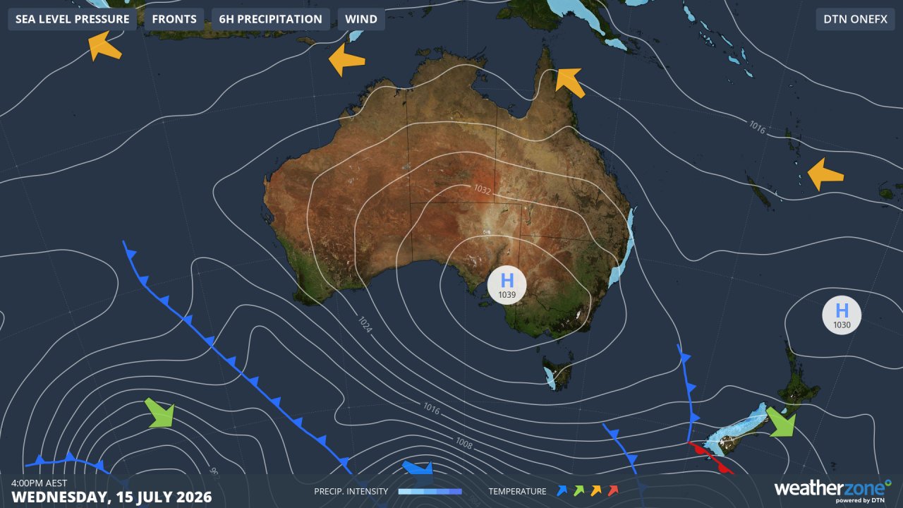 Synoptic chart for Wednesday, July 15, 2026. Source: Weatherzone