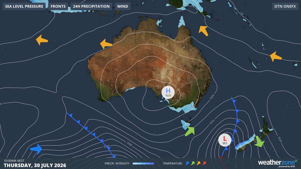 Synoptic chart at 10 am (AEST) on Thursday, July 30, 2026. Source: Weatherzone