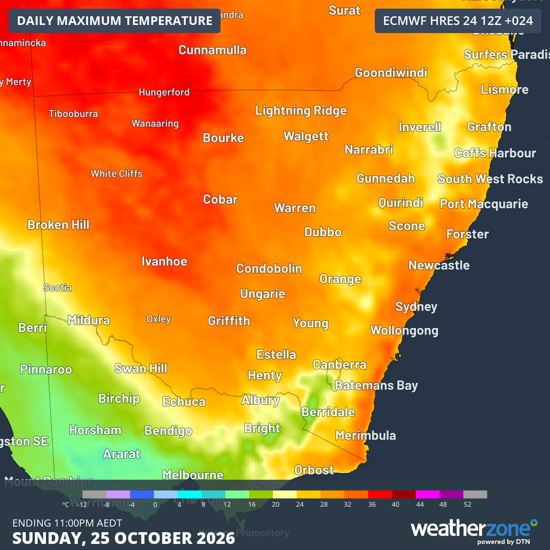 Maximum temperatures forecast across NSW on Sunday, October 25, 2026. Source: Weatherzone.