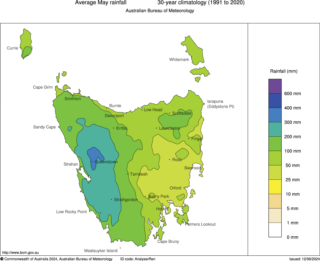 Average Tasmanian rainfall for May, showing how eastern areas are usually much drier than the rest of the state. Source: BoM.