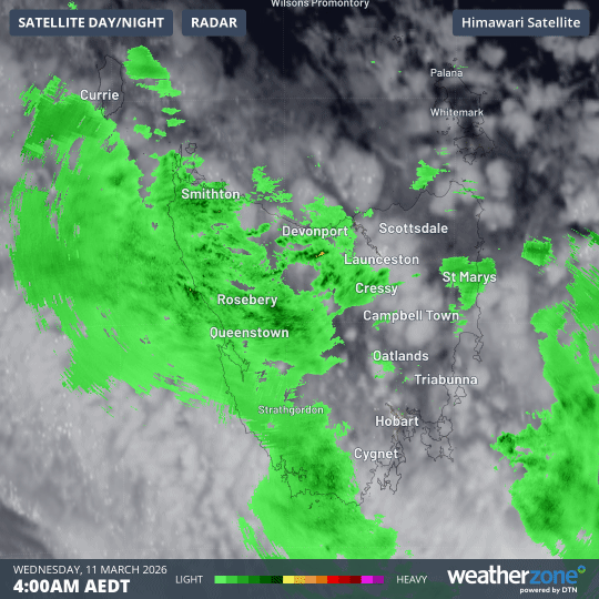 Six-hour radar over Tasmania from 4am to 10am (AEDT) on Wednesday, March 11, 2026. Source: Weatherzone.