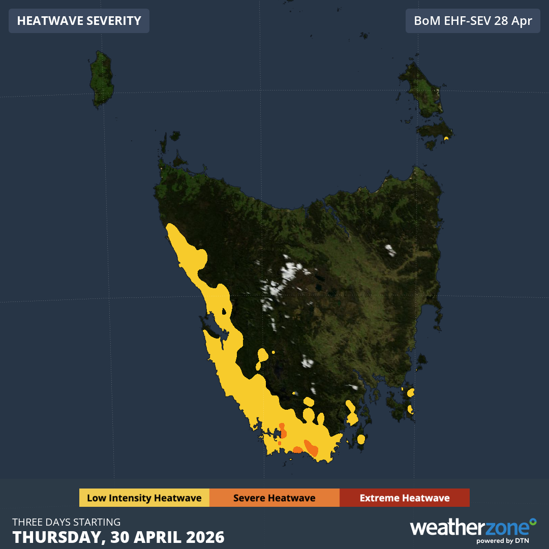 Parts of SW Tasmania will even experience heatwave conditions, bearing in mind that the BoM defines a heatwave as a prolonged spell of unusually warm day and night-time temperatures for a location, rather than extremes above a certain threshold like 40°C. Source: Weatherzone.